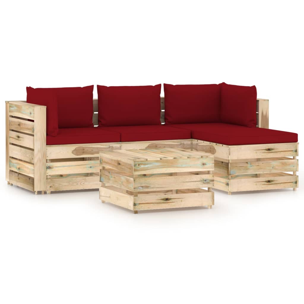 Set mobilier de gradina 5 piese canapea cu masuta sau taburet si perne, vidaXL, Lemn de pin verde tratat, Maro/Grena