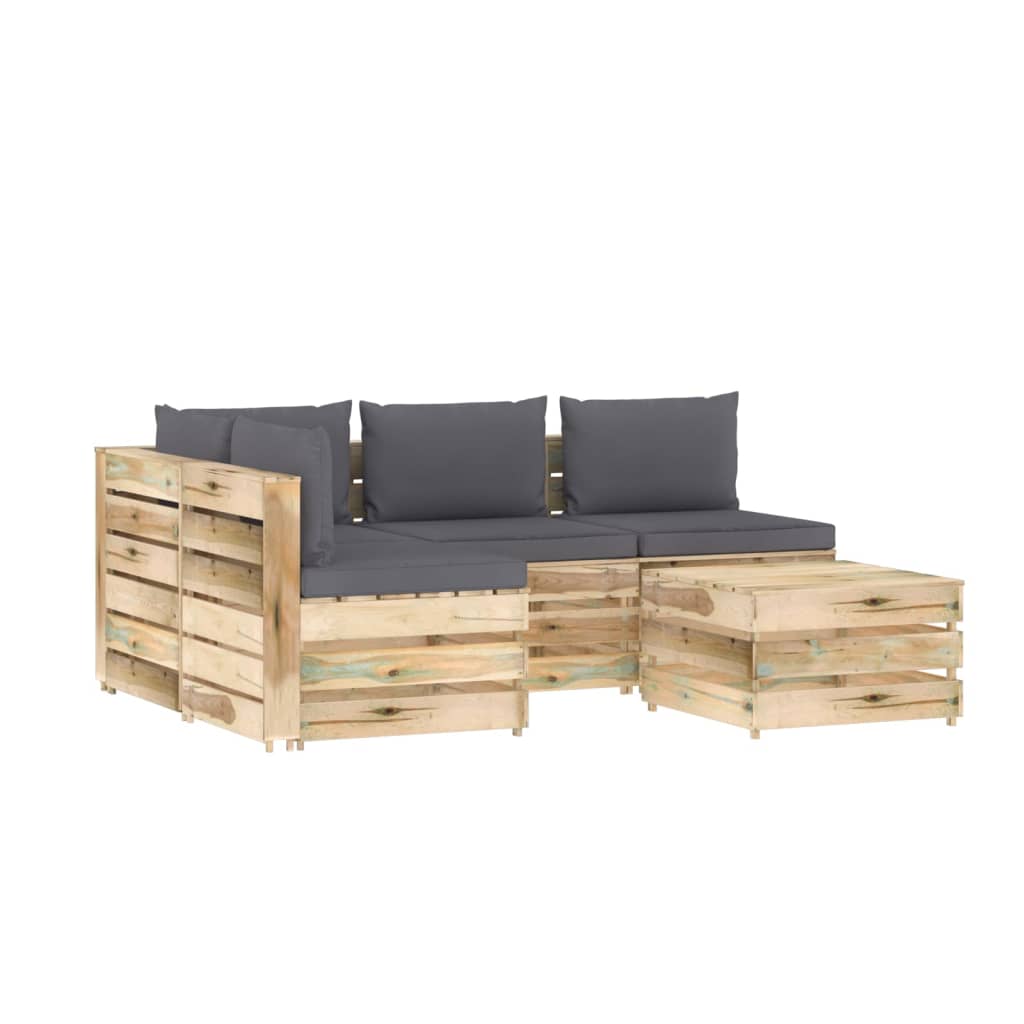 Set mobilier de gradina 5 piese canapea L cu masuta sau taburet si perne, vidaXL, Lemn de pin verde tratat, Maro/Antracit