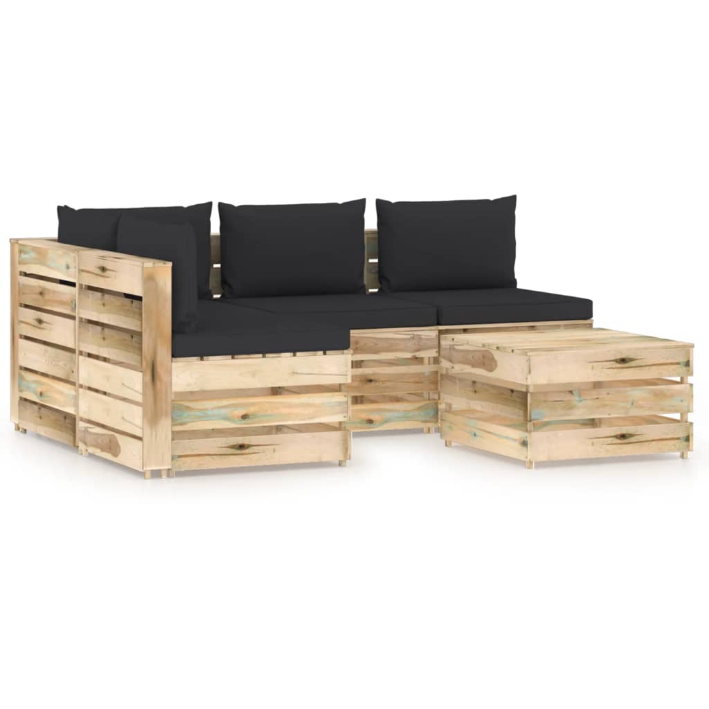 Set mobilier de gradina 5 piese canapea L cu masuta sau taburet si perne, vidaXL, Lemn de pin verde tratat, Maro/Negru
