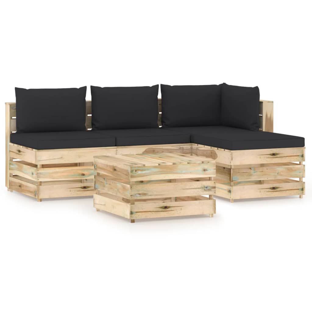 Set mobilier de gradina 5 piese canapea cu masuta/taburet si perne, vidaXL, Lemn de pin verde tratat, Maro/Negru