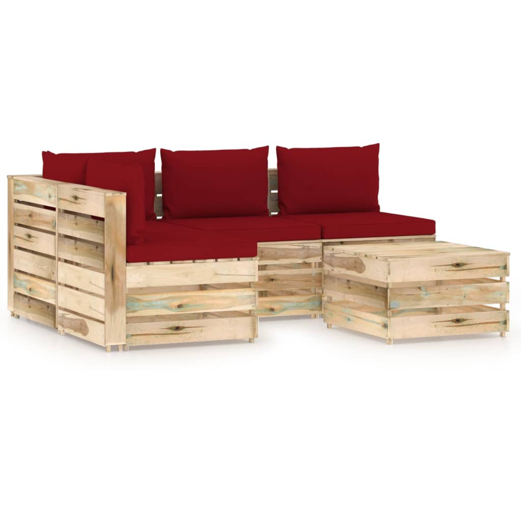 Set mobilier de gradina 5 piese canapea L cu masuta sau taburet si perne, vidaXL, Lemn de pin verde tratat, Maro/grena