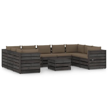 Set mobilier de gradina din 10 piese cu perne colorate vidaXL, Lemn, Gri inchis/Gri taupe