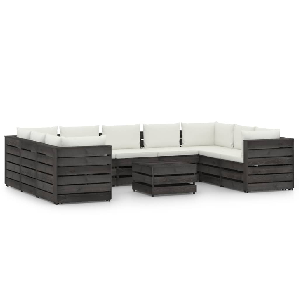 Set mobilier de gradina din 10 piese cu perne colorate vidaXL, Lemn, Gri inchis/Crem