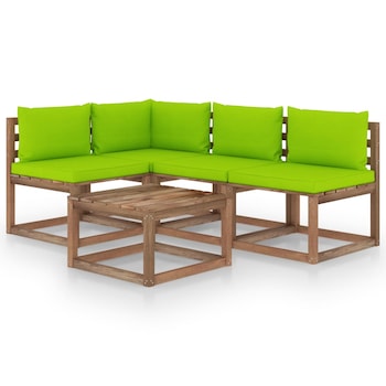 Set mobilier de gradina din paleti cu 5 piese cu perne verde deschis vidaXL, Lemn, 60 x 60 x 36.5 cm, Maro/Verde deschis