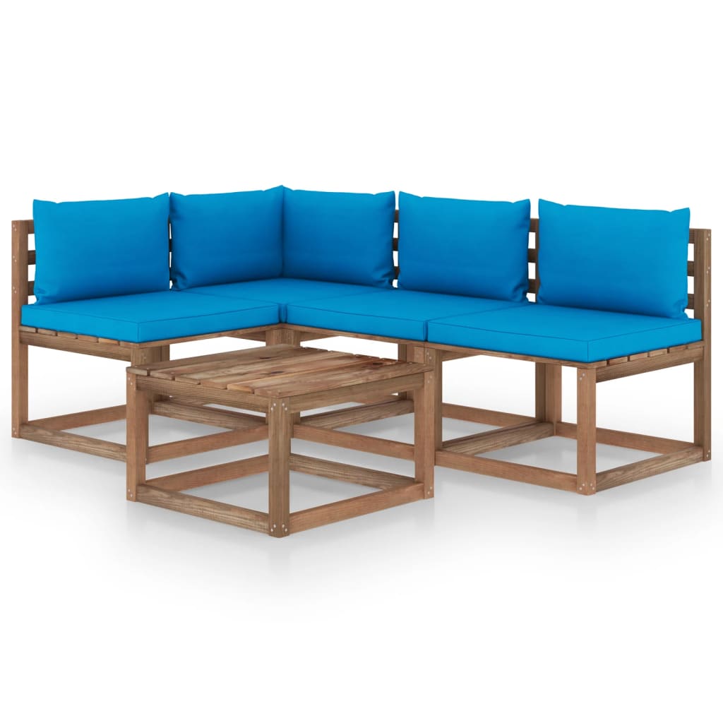 Set mobilier de gradina din paleti cu 5 piese cu perne albastru deschis vidaXL, Lemn, 60 x 60 x 36.5 cm, Maro/Albastru deschis