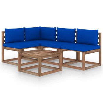 Set mobilier de gradina din paleti cu 5 piese cu perne albastre vidaXL, Lemn, 60 x 60 x 36.5 cm, Maro/Albastru