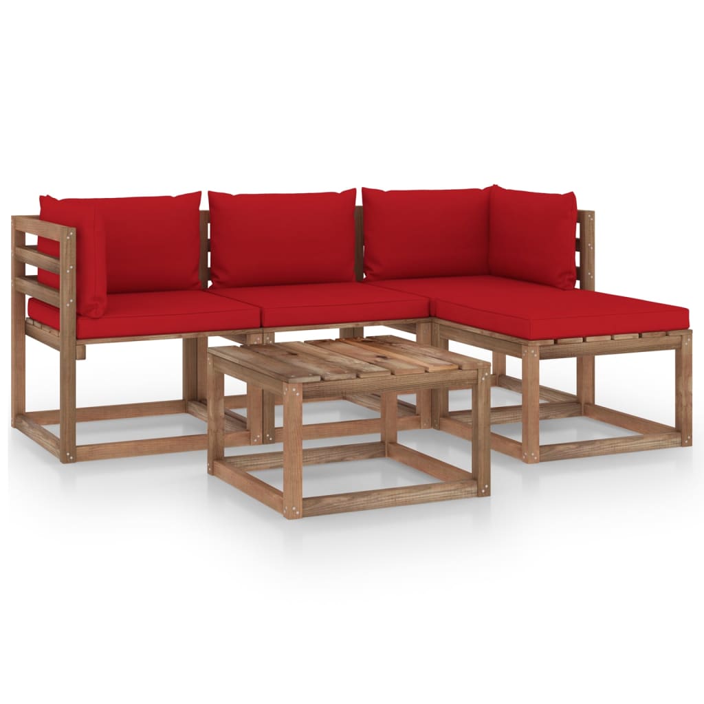 Set mobilier de gradina din paleti cu 5 piese cu perne vidaXL, Lemn, 60 x 60 x 36.5 cm, Maro/Rosu