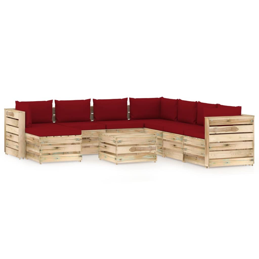 Set mobilier de gradina din 9 piese cu perne vidaXL, Lemn, Rosu vin