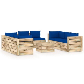 Set mobilier de gradina din paleti cu 9 piese cu perne colorate vidaXL, Lemn, Albastru