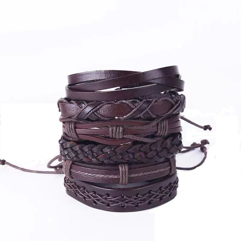 Set 6 bratari, cu multiple straturi, JustZEN™, pentru barbati, din piele naturala, maro, inchidere ajustabila