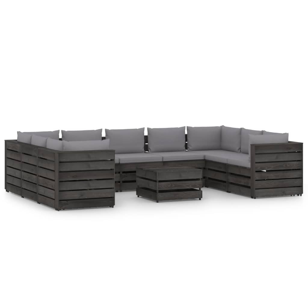 Set mobilier de gradina din 10 piese cu perne colorate vidaXL, Lemn, Gri inchis/Gri