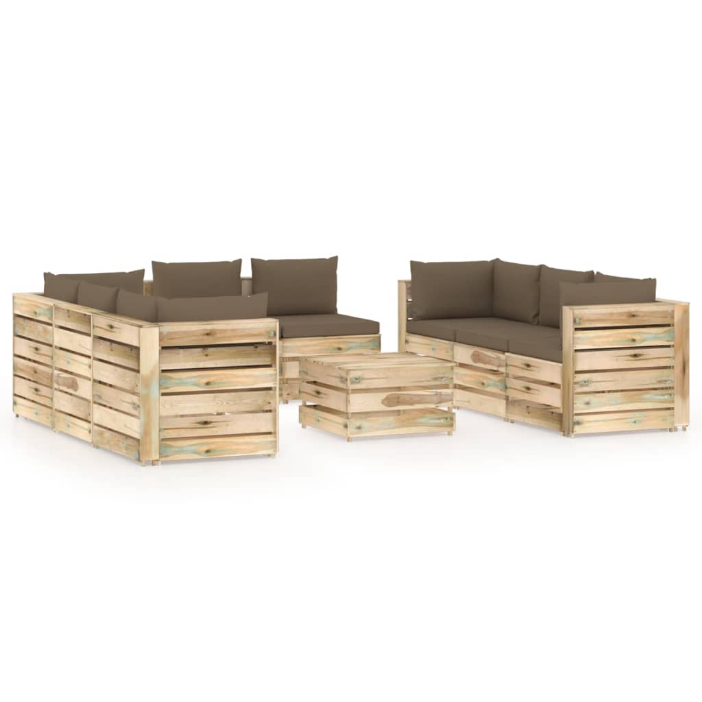 Set mobilier de gradina din paleti cu 9 piese cu perne colorate vidaXL, Lemn, Gri taupe