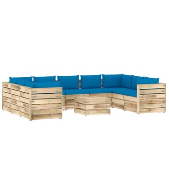 Set mobilier de gradina din paleti cu 10 piese cu perne vidaXL, Lemn, Albastru deschis