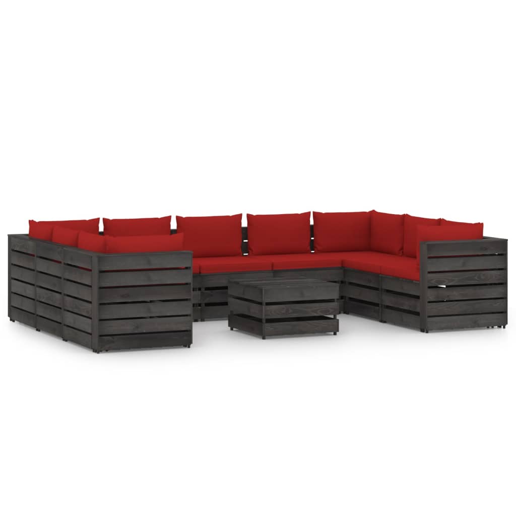 Set mobilier de gradina din 10 piese cu perne colorate vidaXL, Lemn, Gri inchis/Rosu