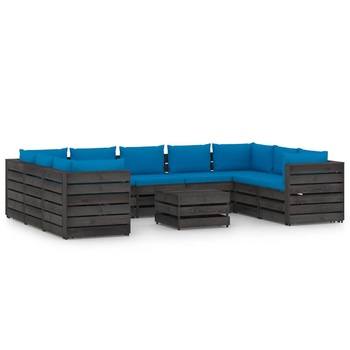 Set mobilier de gradina din 10 piese cu perne colorate vidaXL, Lemn, Gri inchis/Albastru deschis