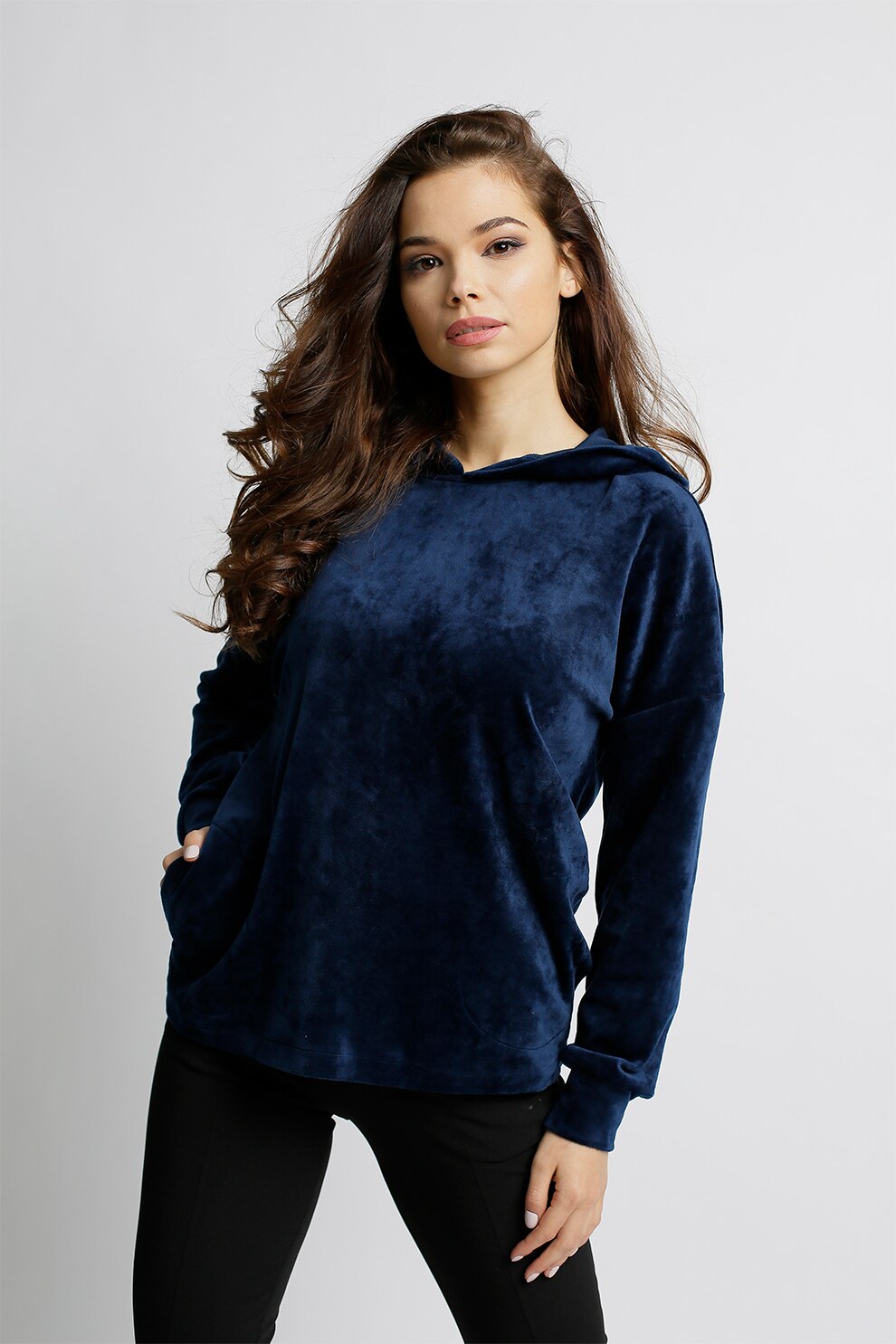 BAROCCA, Hanorac de catifea cu buzunare laterale, Bleumarin