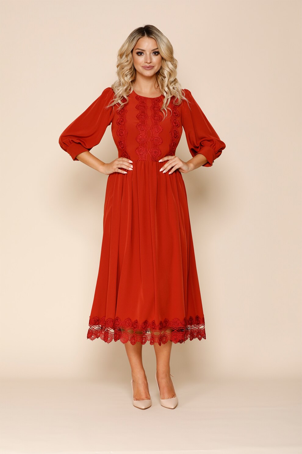 BAROCCA, Rochie midi evazata cu insertii de dantela, Rosu caramiziu