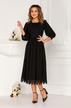 BAROCCA, Rochie midi evazata cu insertii de dantela, Negru BAROCCA, Rochie midi evazata cu insertii de dantela, Negru