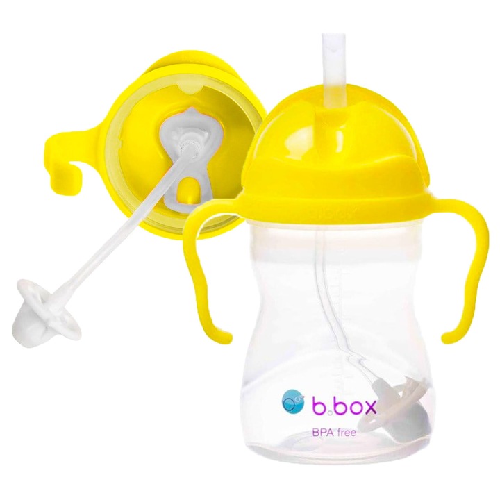 Cana cu pai si manere B.BOX, Silicon/Polipropilena, 240 ml, Galben