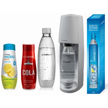 Set aparat, butelie CO2, sticla si siropuri pentru bauturi carbogazoase SodaStream, Gri Set aparat, butelie CO2, sticla si siropuri pentru bauturi carbogazoase SodaStream, Gri