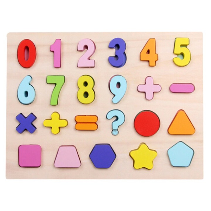 Puzzle lemn cu numere si forme geometrice, 23 piese