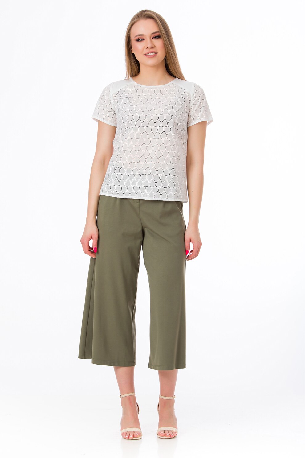 Sense, Bluza cu dantela Sangallo si decolteu la baza gatului Adda, Alb prafuit