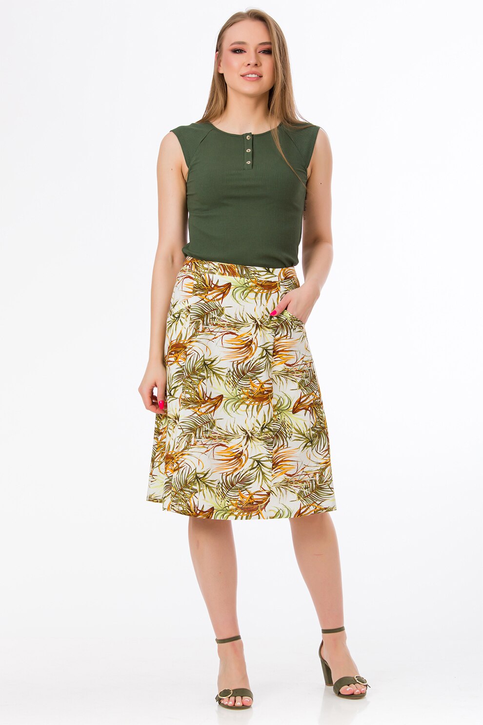 Sense, Fusta din amestec de in cu model tropical Kleo, alb prafuit, ocru, verde feriga