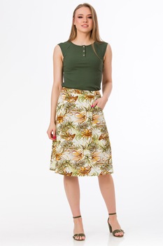 Sense, Fusta din amestec de in cu model tropical Kleo, alb prafuit, ocru, verde feriga Sense, Fusta din amestec de in cu model tropical Kleo, alb prafuit, ocru, verde feriga