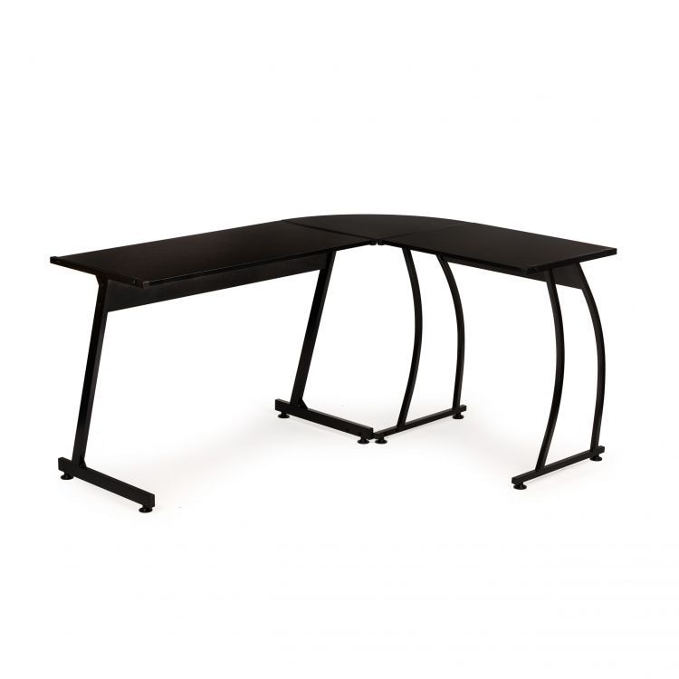 Birou modern de colt din lemn pe structura metalica, negru 148x48x73