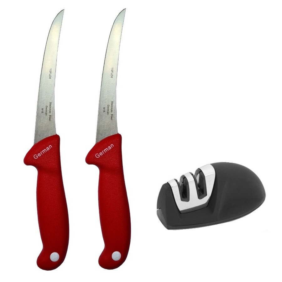 Pachet macelarie format din 2 cutite profesionale curbate pentru dezosat GER3 Rosu si dispozitiv ascutit pe 2 nivele de intensitate
