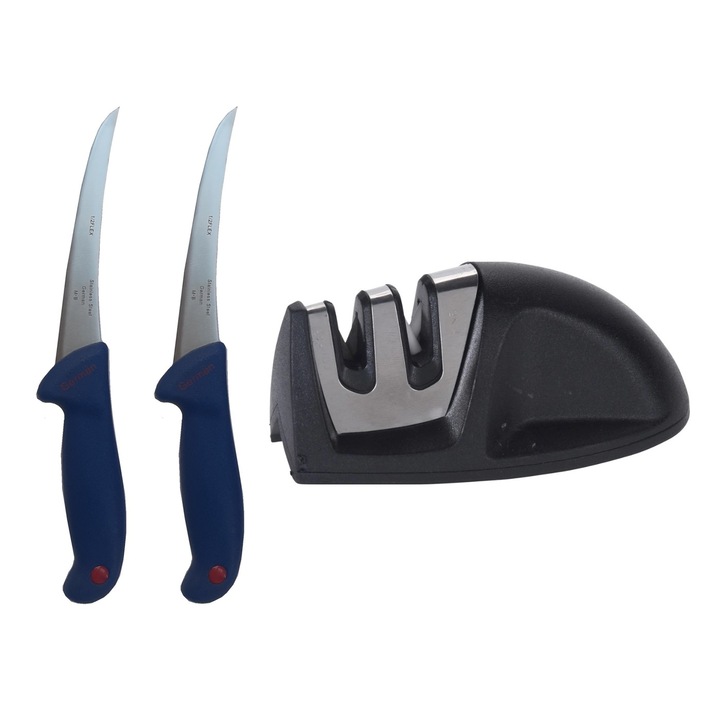 Pachet macelarie format din 2 cutite profesionale curbate pentru dezosat GER3 Albastru si dispozitiv ascutit pe 2 nivele de intensitate