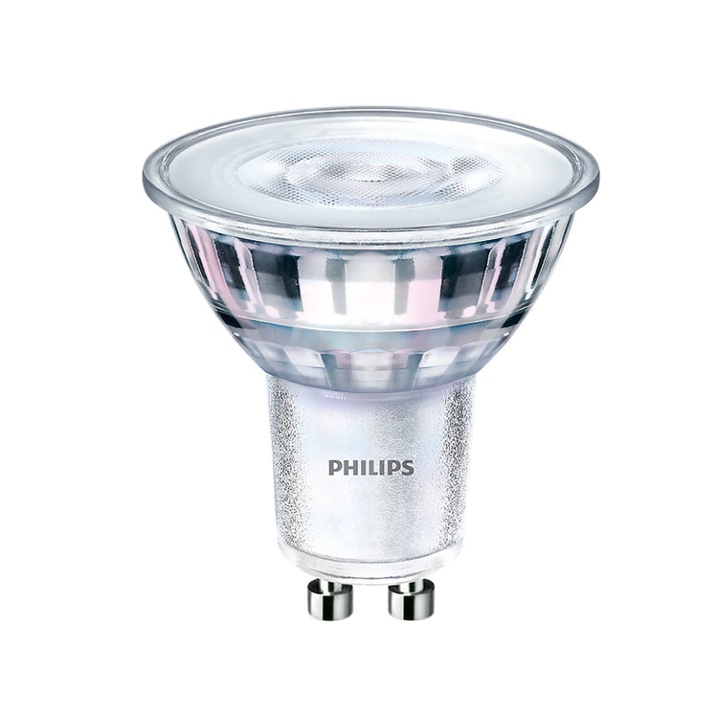 Philips LED прожектор със студена бяла светлина, Мощност 5 W – 65 W, Цокъл Тип GU10, 4000K, Моментално запалване, 485 lm, 15000 h, Цвят Бял