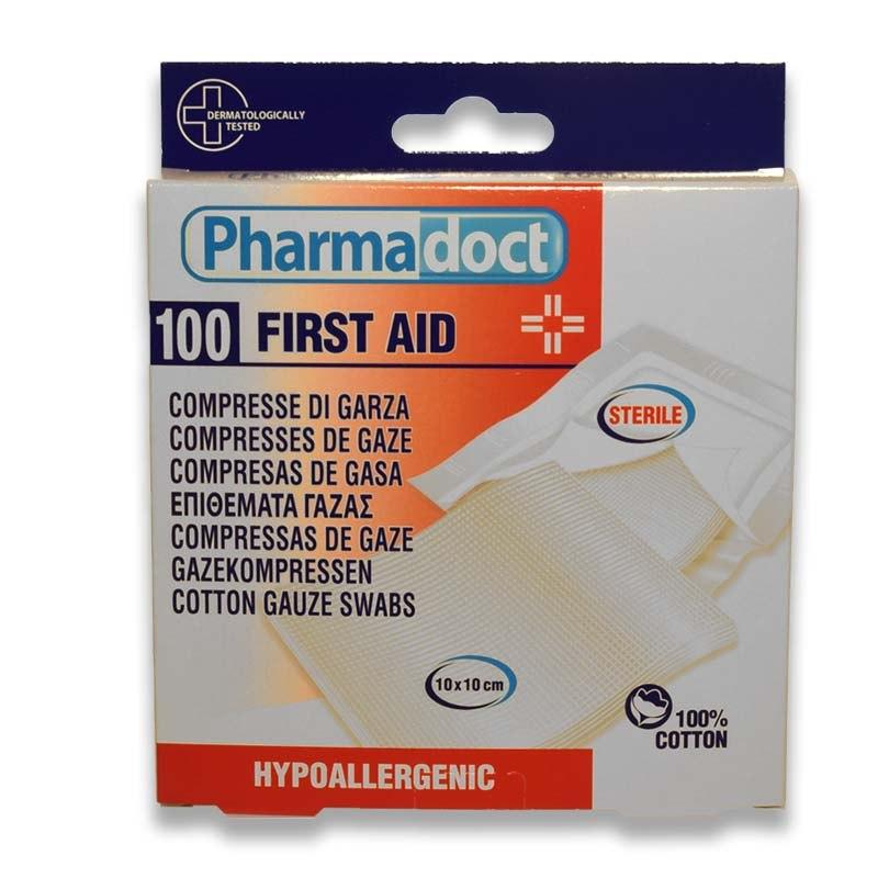 Comprese sterile din bumbac First Aid Pharmadoct, 100 buc 10x10cm