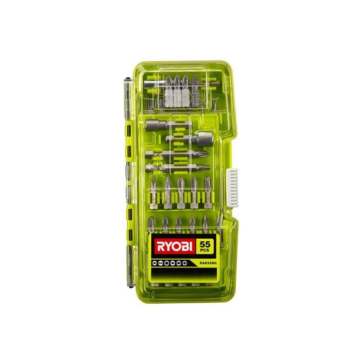 Set biti Ryobi RAK55DK, 55 elemente, 50 biti 25mm, 2 biti 20mm, 2 biti nasoave, cutie plastic