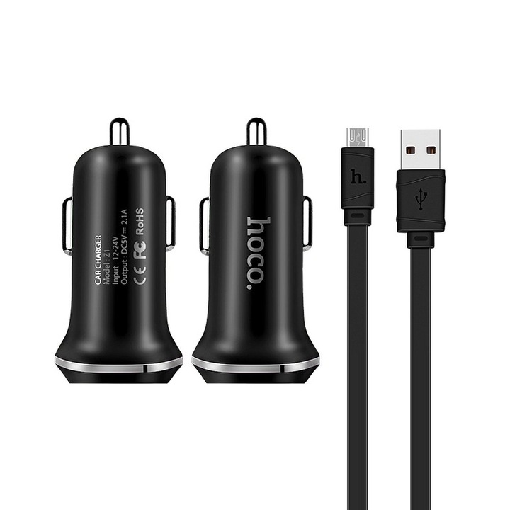 Hoco autós töltő, Z1 2 x USB, MicroUSB kábel, fekete