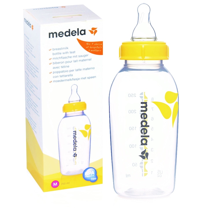 Бебешко шише Medela, 240 мл, М, +4 месеца, Жълт