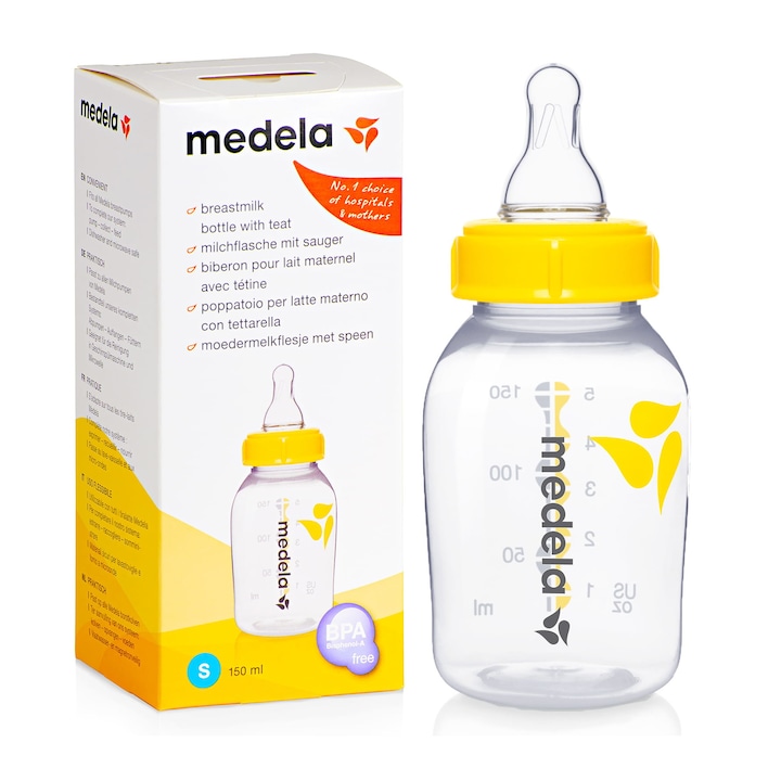 Бебешко шише Medela, 150 мл, S, +0 месеца, Жълт