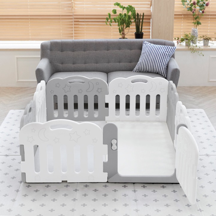 Spatiu de joaca Caraz Saftey Fance, modular cu 8 panouri, picioare antialunecare, Gri/Alb