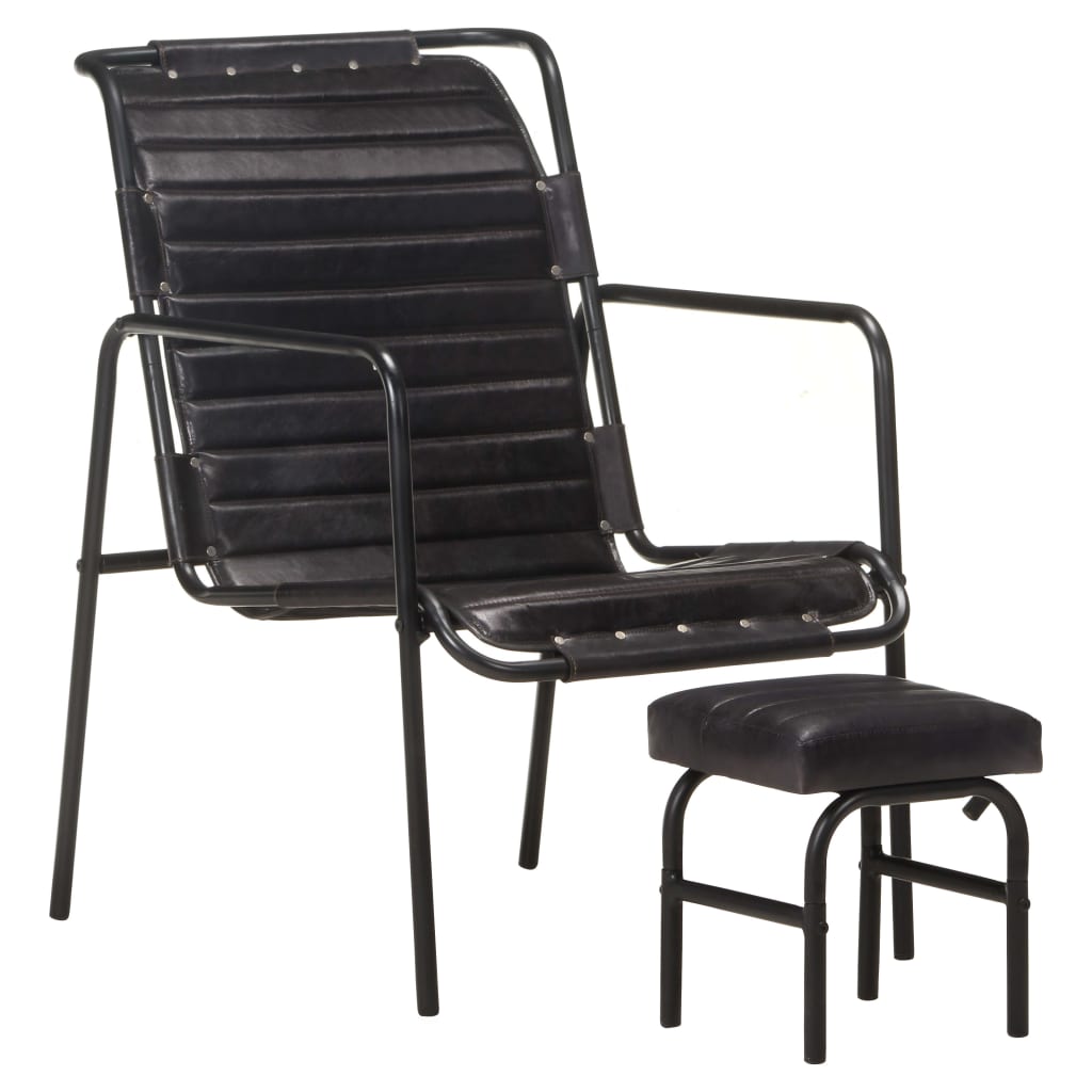 Set fotoliu de relaxare cu taburet, vidaXL, Piele naturala/Metal, 54 x 71 x 80 cm, Negru