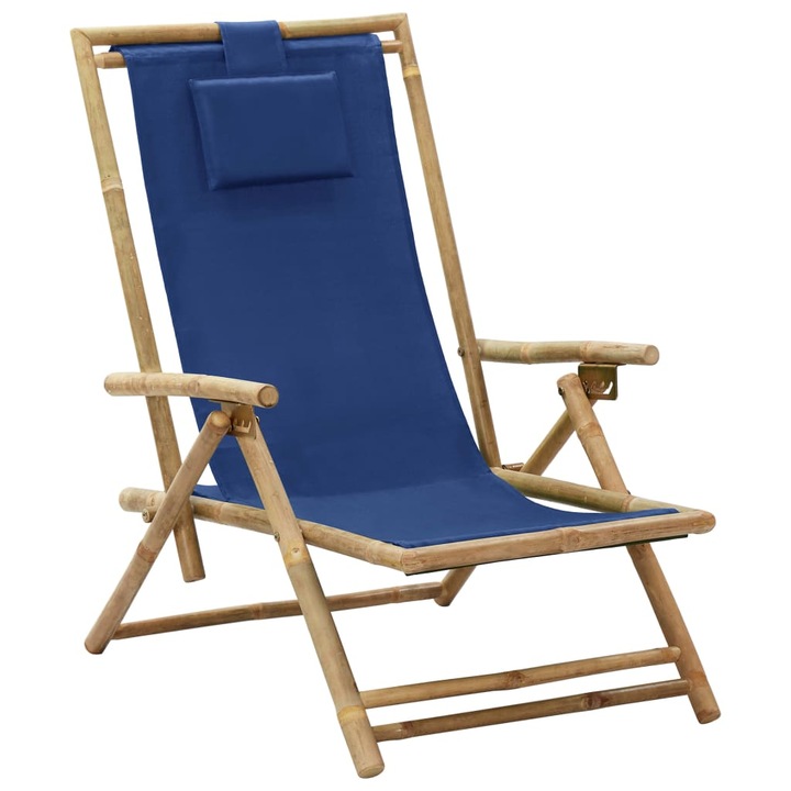 Scaun rabatabil de relaxare vidaXL, bleumarin, bambus & tesatura, 64 x 89 x 94) cm, 5.6 kg