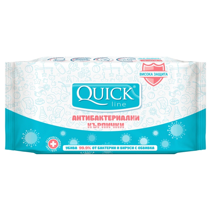 Антибактериални кърпички Quickline, 15 бр. сини, 11 пакета + 1 пакет подарък