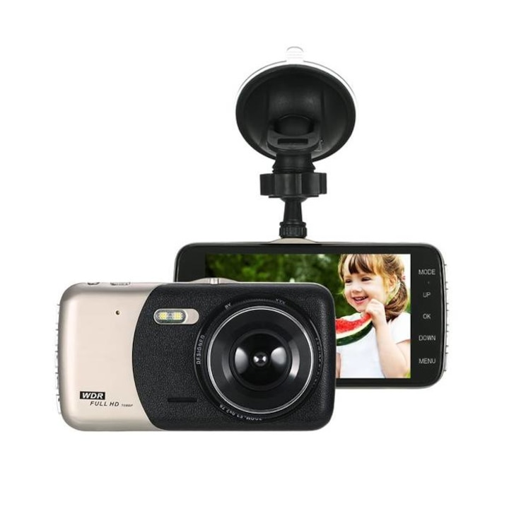 Видеорегистратор KKMOON, FULL HD за автомобил, 2 камери, Екран 4", 5MPx