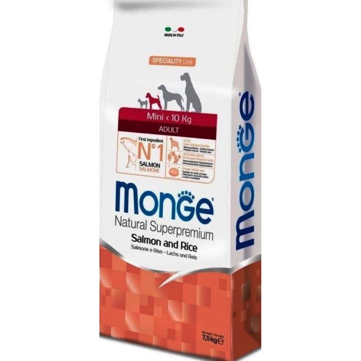 Hrana uscata pentru caini Monge Natural Superpremium Adult Mini, Somon, Orez, 7,5 kg