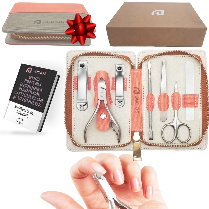 Trusa Manichiura Pedichiura, Judios®, otel inoxidabil, 7 piese, cu pila din sticla, foarfeca, unghiera, cleste cuticule, impingator cuticule, Etui depozitare elegant, Roz