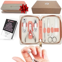 Trusa Manichiura Pedichiura, Judios®, otel inoxidabil, 7 piese, cu pila din sticla, foarfeca, unghiera, cleste cuticule, impingator cuticule, Etui depozitare elegant, Roz