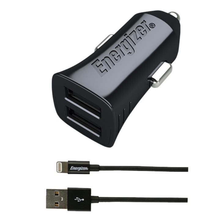 Зарядно устройство за кола Energizer, 2 х USB, 3,4 Amp, кабел Lightning MFI, Black