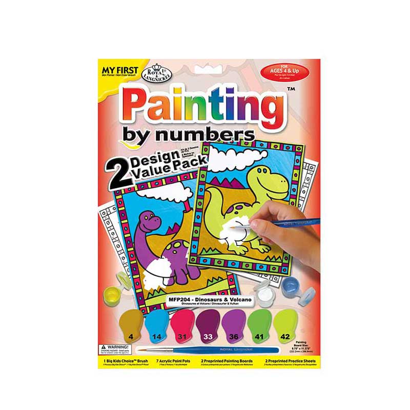 Set pictura pe numere pentru copii, Royal Langnickel, MFP204 Dinozauri si Vulcani, Duo Pack, 30 x 23 cm