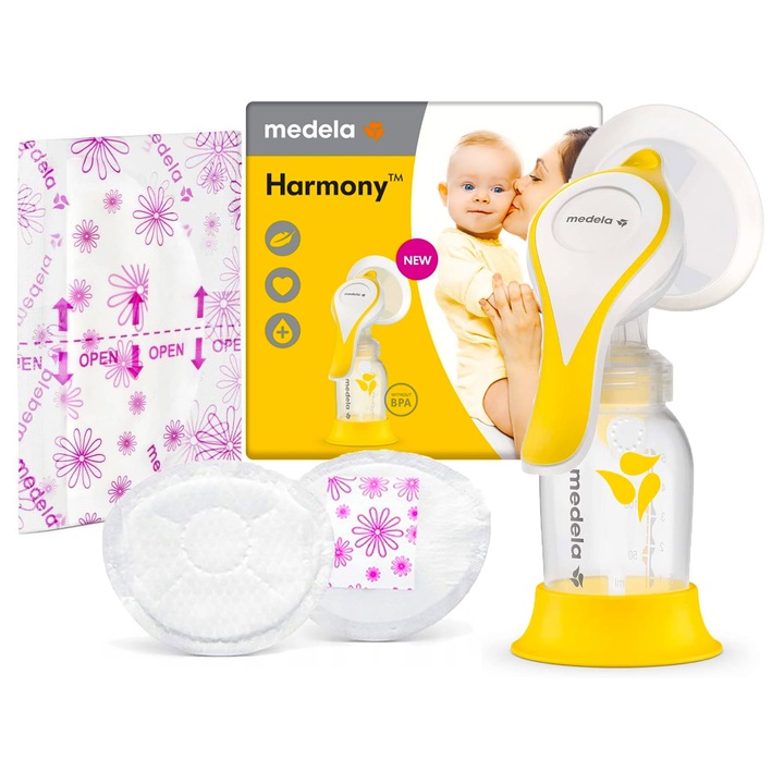 Medela, Kétfázisú mellszívó készlet tartással és tamponokkal Harmony Flex, 0-24 hónap, sárga