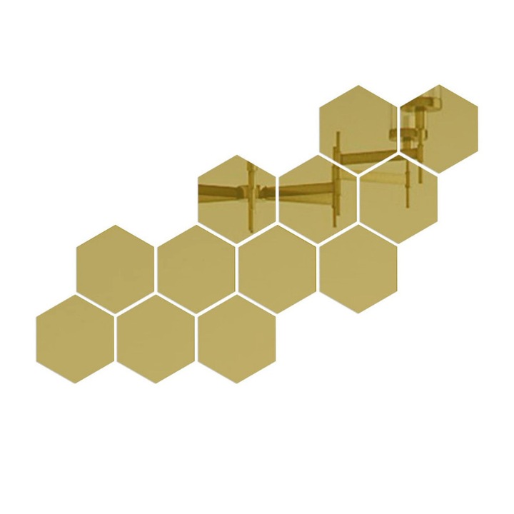 Комплект от 12 кристални акрилни декоративни огледала, шестоъгълна форма, злато, 126X110MM, Regal Trade