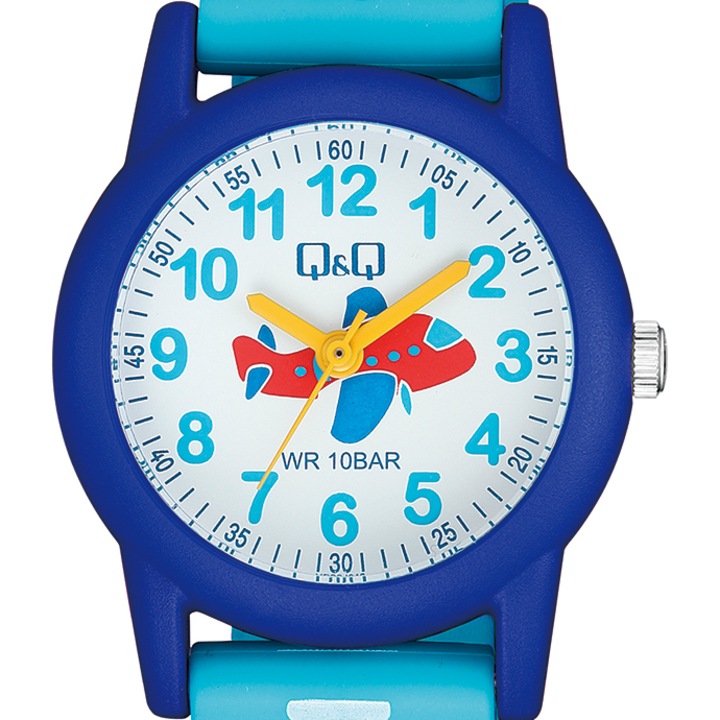 Ceas copii Q&Q, VR99J018Y, Avion, rezistent la apa 100 m